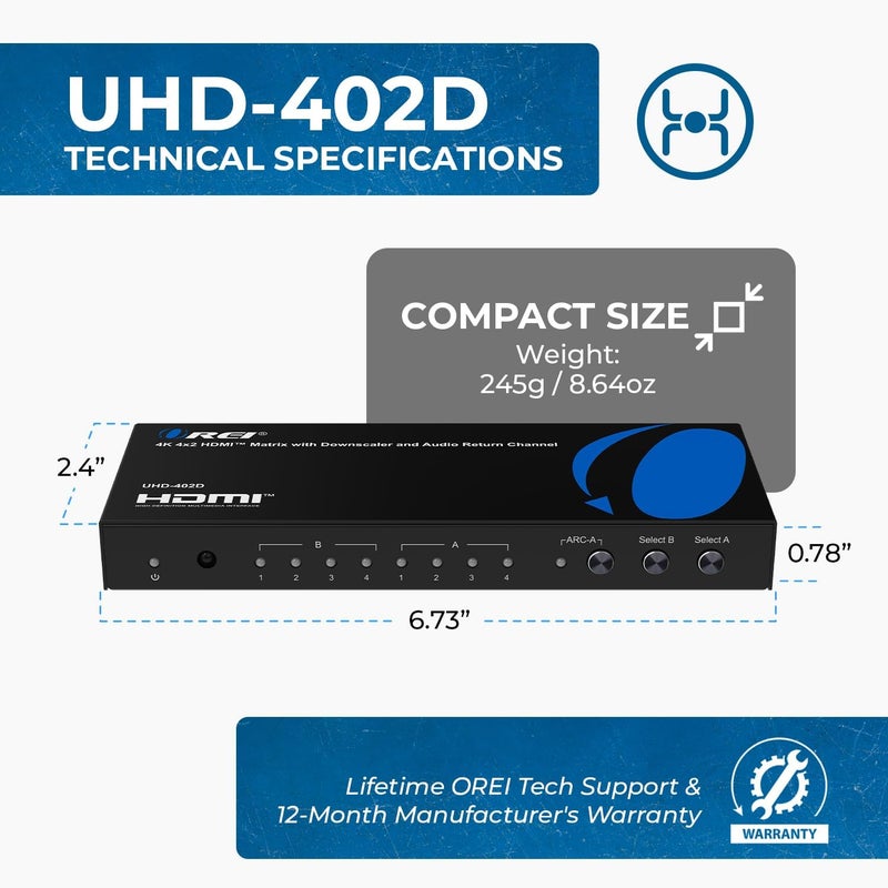 OREI مفتاح مصفوفة HDMI 4K 4 X 2، محول 18G UltraHD مع دعم ARC حتى 4K @ 60Hz و 1080P مع جهاز تحكم عن بعد IR - اختيار مصفوفة كامل - Image 5